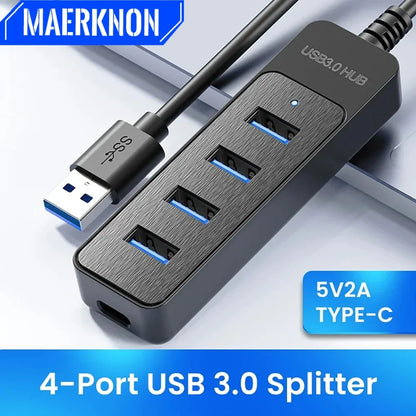 4-Port USB 3.0 Hub – High-Speed Splitter with USB/Type-C Cable for PC & Laptop