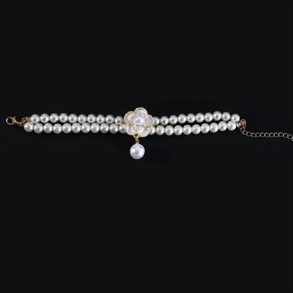 Double-Layer Pearl Pet Necklace  Adjustable Collar with Flower Pendant