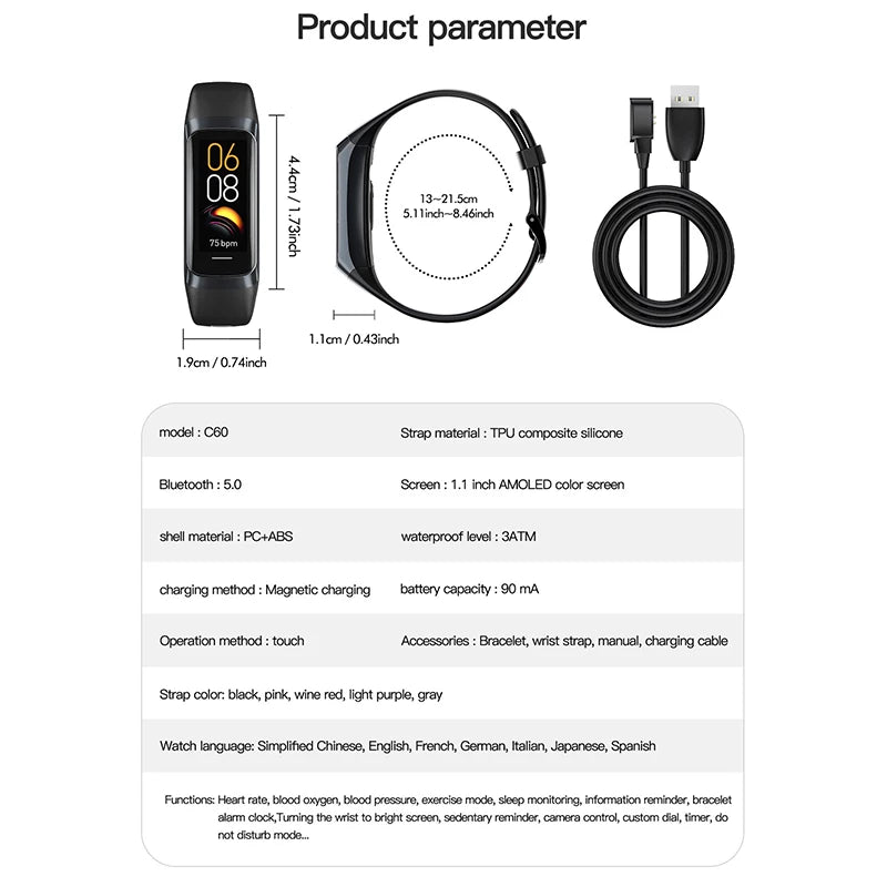 1.10" AMOLED Fitness Tracker  24/7 Heart Rate & SpO₂, Smart Watch, IP68 Waterproof