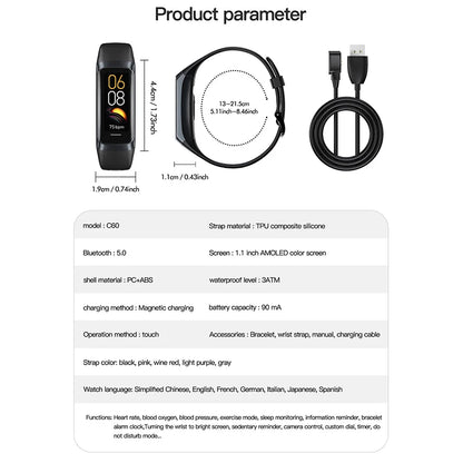 1.10" AMOLED Fitness Tracker  24/7 Heart Rate & SpO₂, Smart Watch, IP68 Waterproof