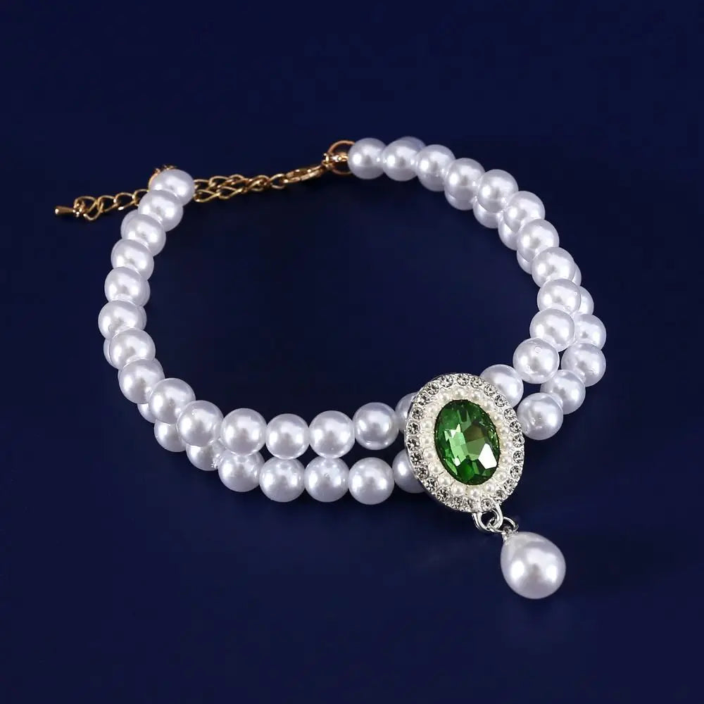 Double-Layer Pearl Pet Necklace  Adjustable Collar with Flower Pendant
