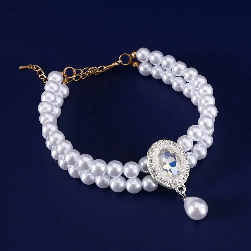 Double-Layer Pearl Pet Necklace  Adjustable Collar with Flower Pendant
