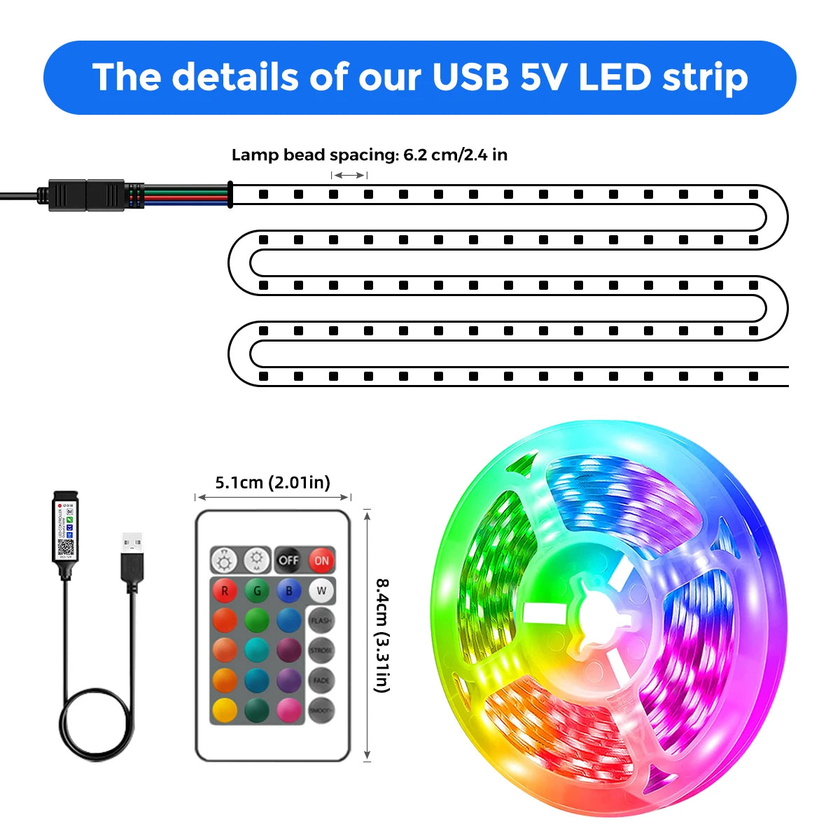 RGB LED Strip Lights  5V, 1–30M, Music Sync, 16M Colors, Color-Changing for Home & Parties