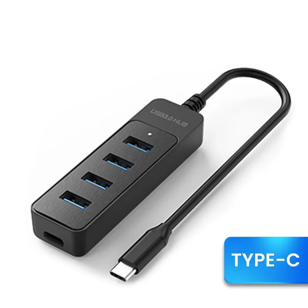 4-Port USB 3.0 Hub – High-Speed Splitter with USB/Type-C Cable for PC & Laptop