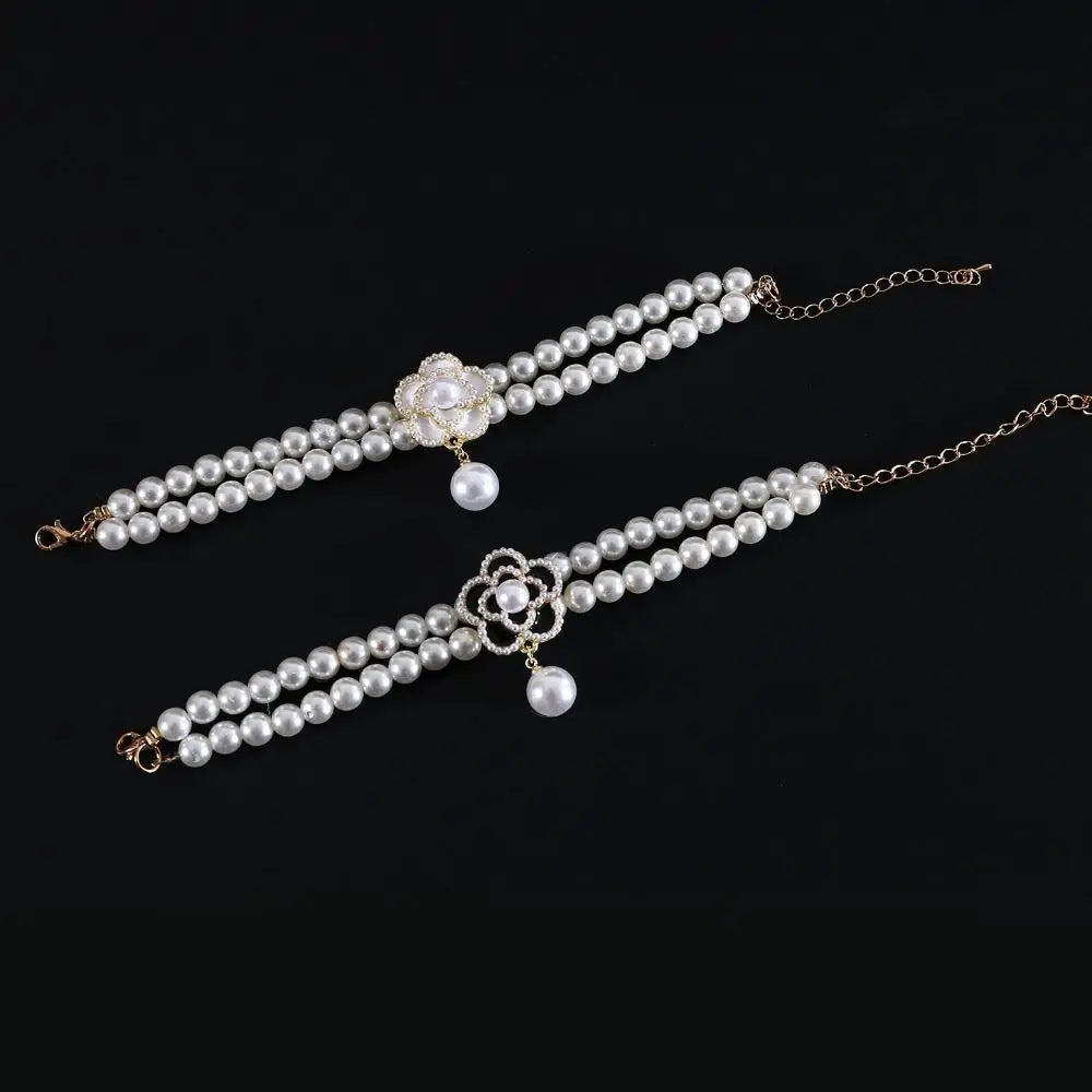 Double-Layer Pearl Pet Necklace  Adjustable Collar with Flower Pendant