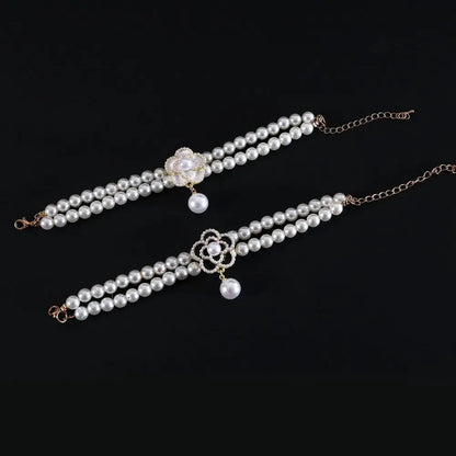 Double-Layer Pearl Pet Necklace  Adjustable Collar with Flower Pendant
