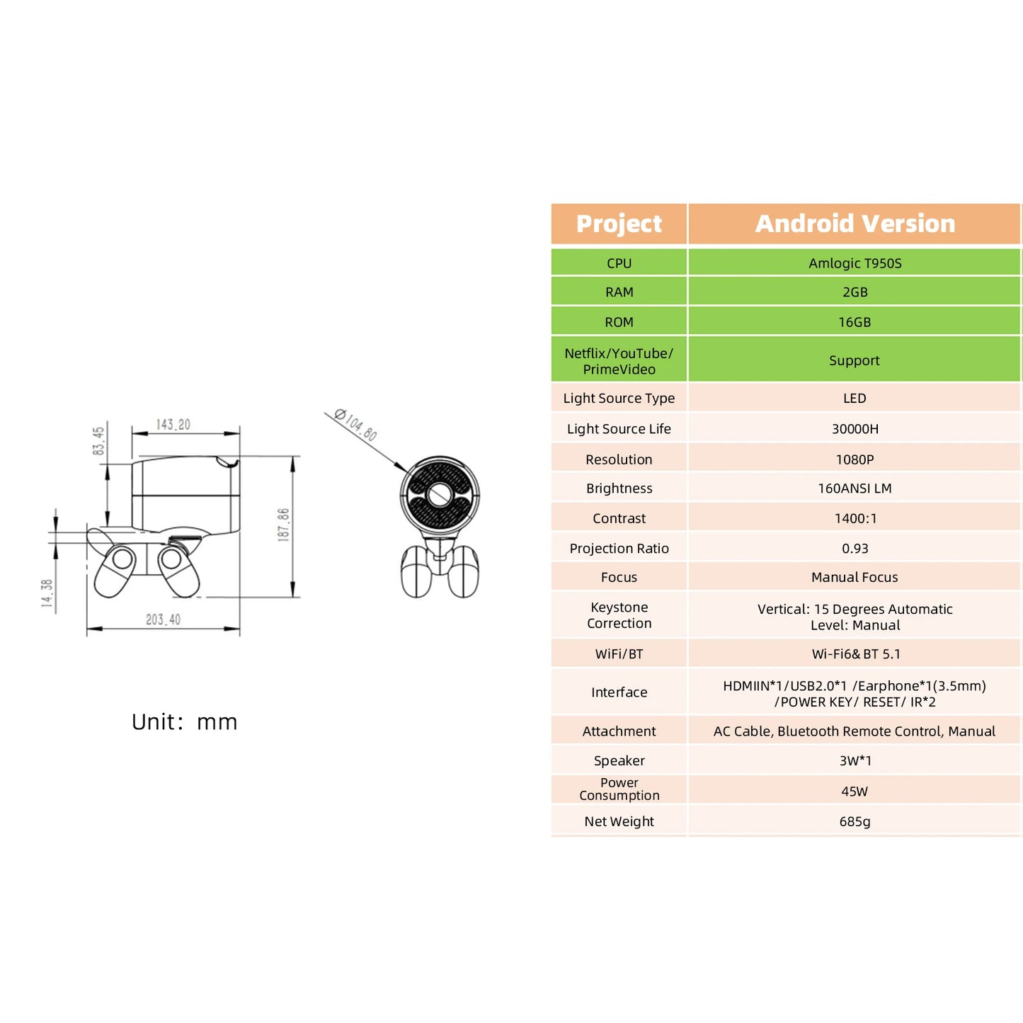 Smart Mini Projector 1080P – WiFi 6, BT 5.1, Cute Deer Design, Portable Home Theater