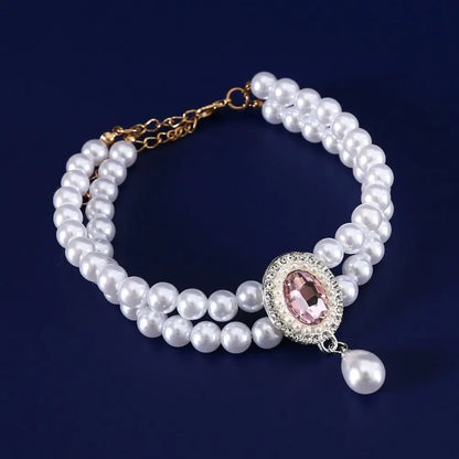 Double-Layer Pearl Pet Necklace  Adjustable Collar with Flower Pendant