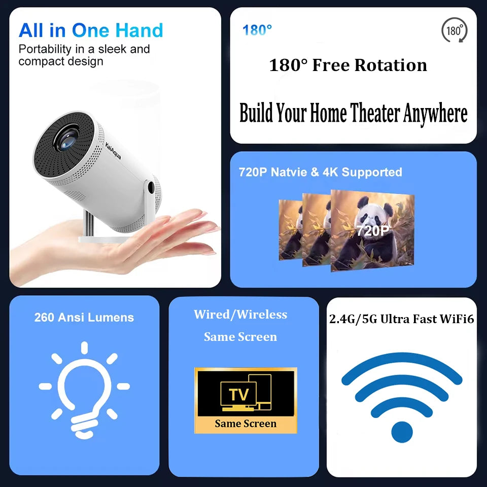 Mini 4K/1080P Portable Projector – 260 ANSI, 5G WiFi, 180° Rotating Smart Home & Outdoor Cinema