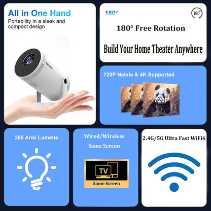 Mini 4K/1080P Portable Projector – 260 ANSI, 5G WiFi, 180° Rotating Smart Home & Outdoor Cinema