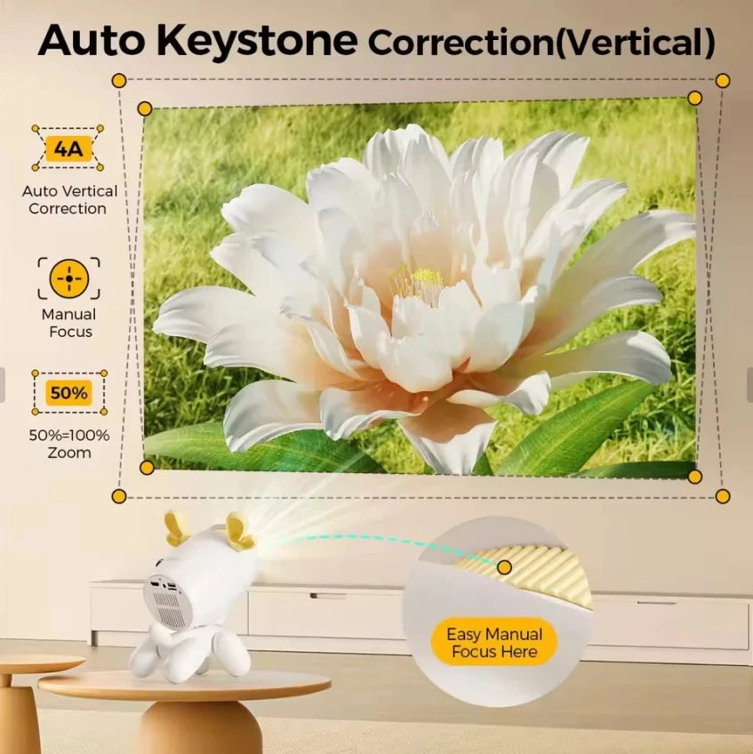 Smart Mini Projector 1080P – WiFi 6, BT 5.1, Cute Deer Design, Portable Home Theater