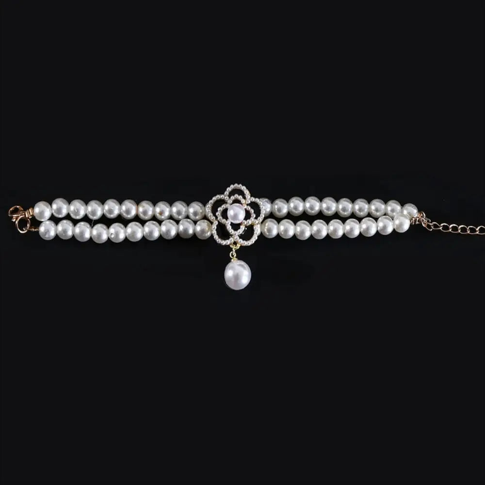 Double-Layer Pearl Pet Necklace  Adjustable Collar with Flower Pendant