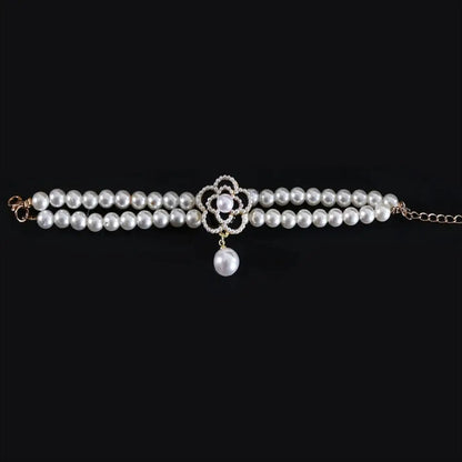 Double-Layer Pearl Pet Necklace  Adjustable Collar with Flower Pendant