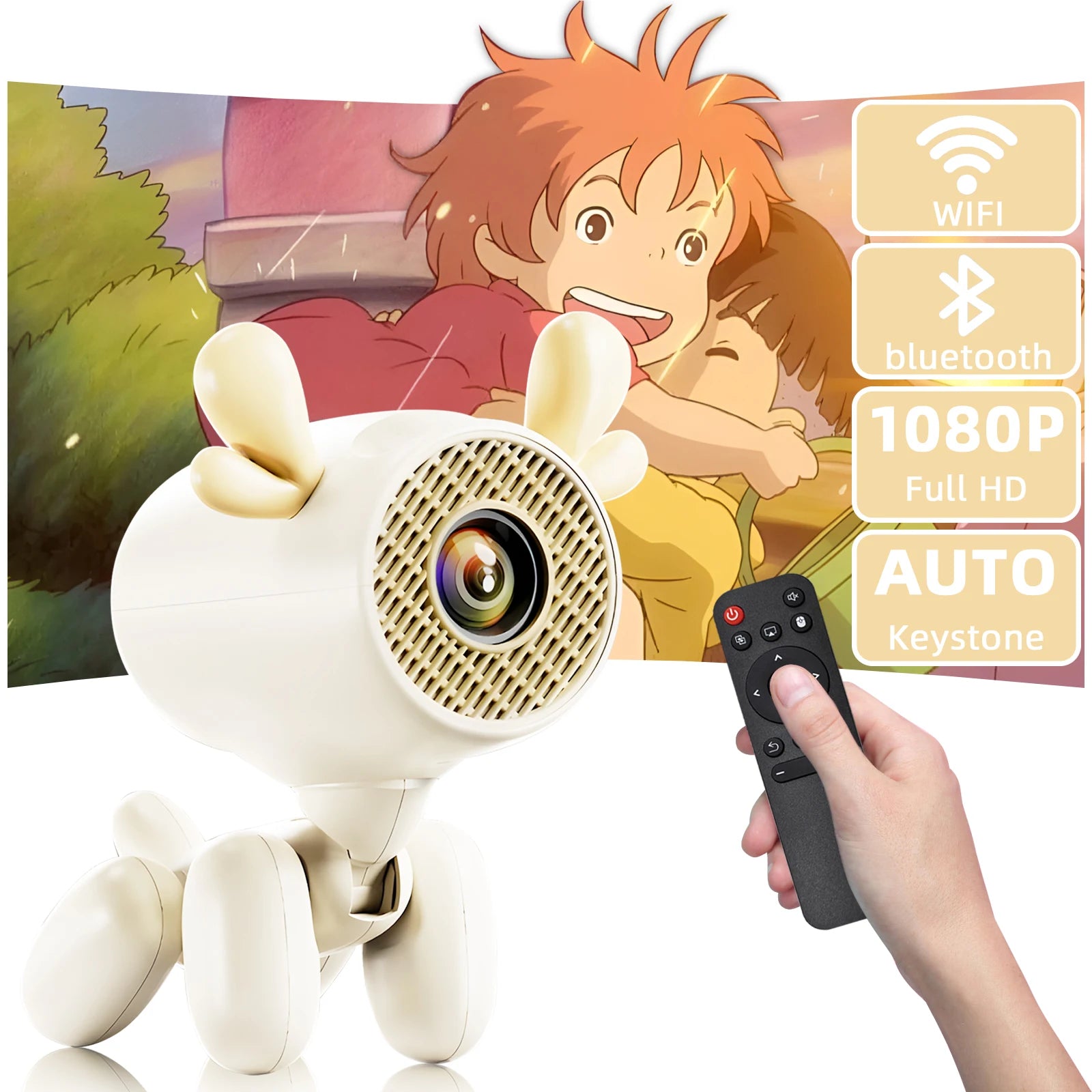 Smart Mini Projector 1080P – WiFi 6, BT 5.1, Cute Deer Design, Portable Home Theater