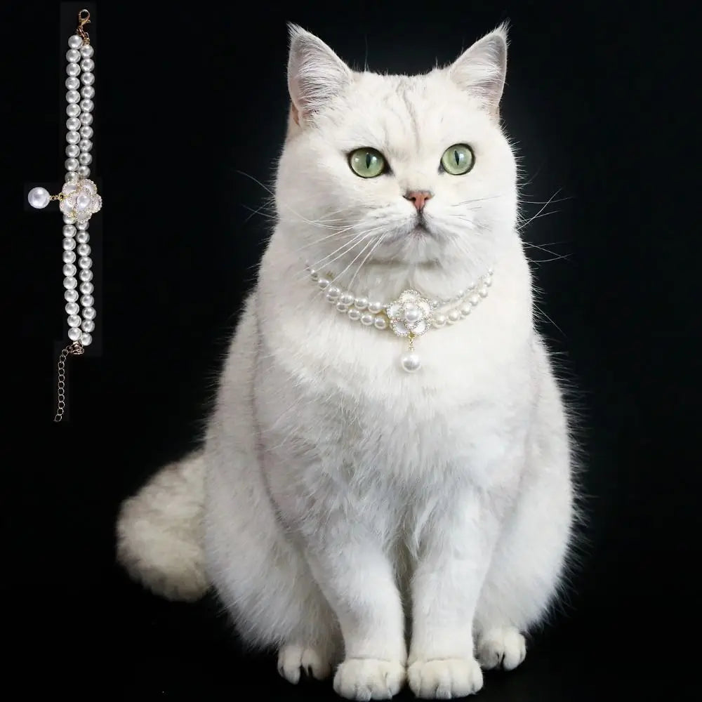Double-Layer Pearl Pet Necklace  Adjustable Collar with Flower Pendant