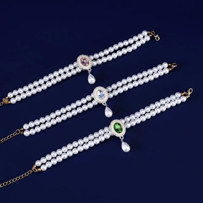 Double-Layer Pearl Pet Necklace  Adjustable Collar with Flower Pendant