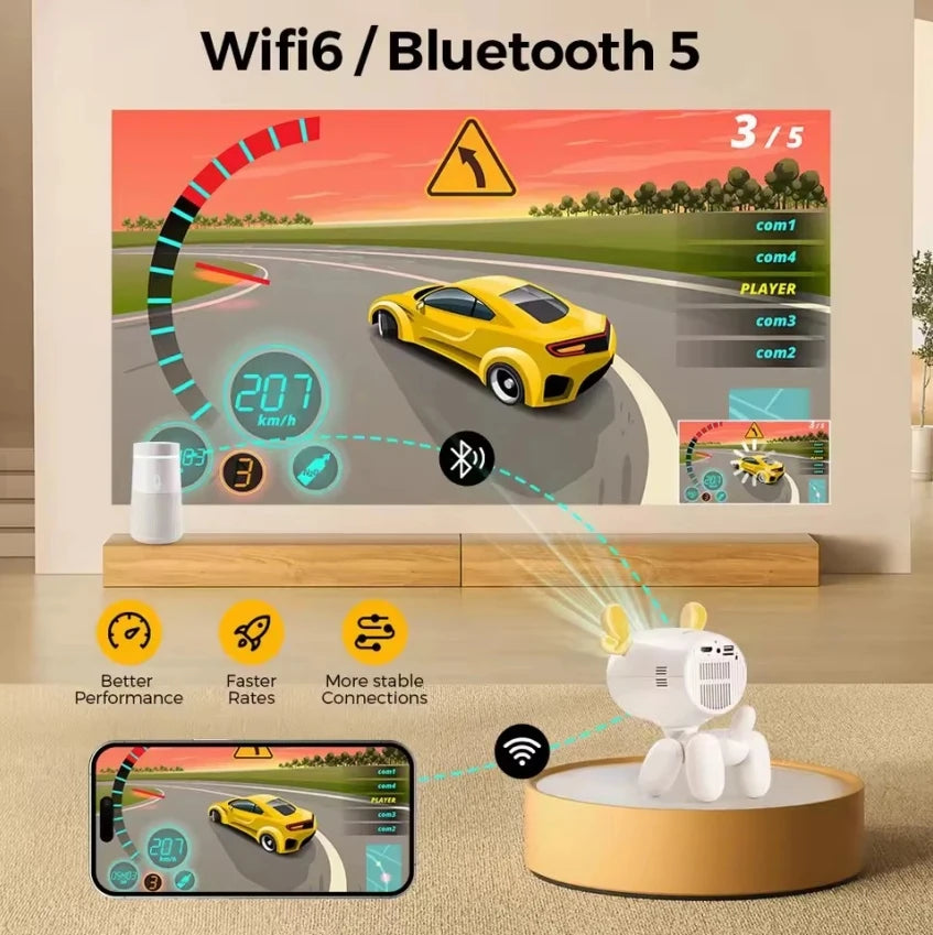 Smart Mini Projector 1080P – WiFi 6, BT 5.1, Cute Deer Design, Portable Home Theater