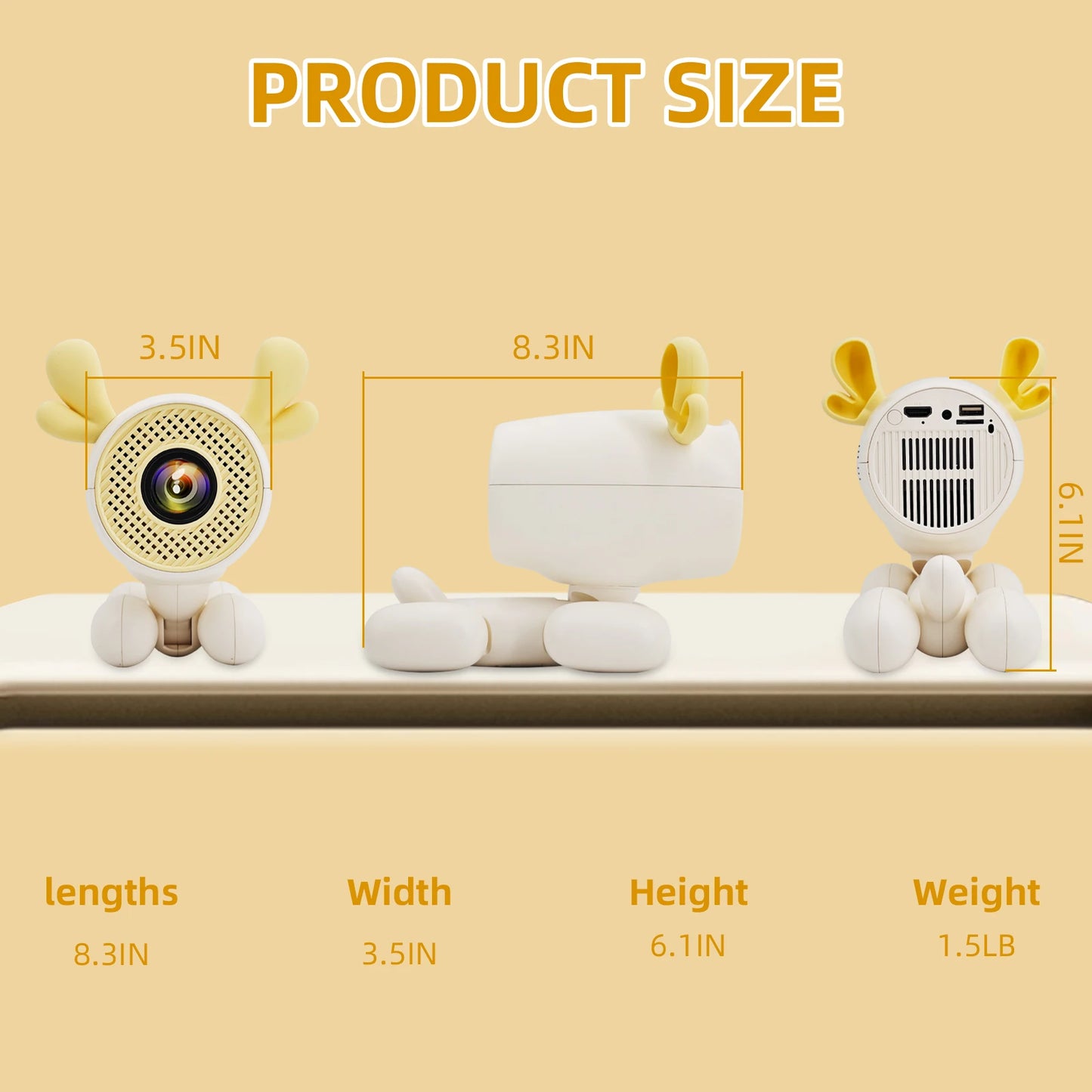 Smart Mini Projector 1080P – WiFi 6, BT 5.1, Cute Deer Design, Portable Home Theater